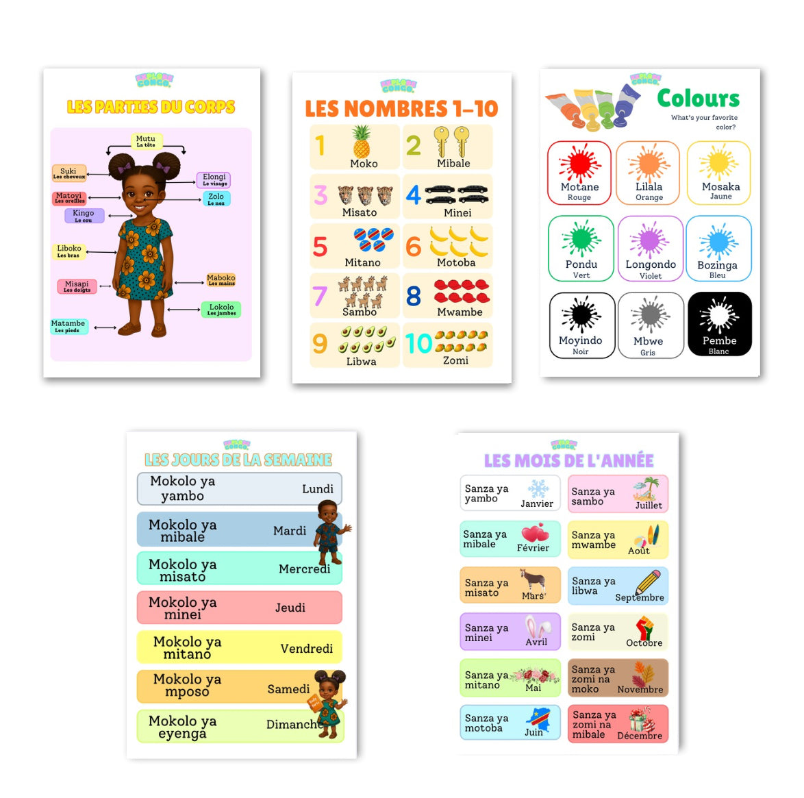 Affiches éducatives pour apprendre le lingala