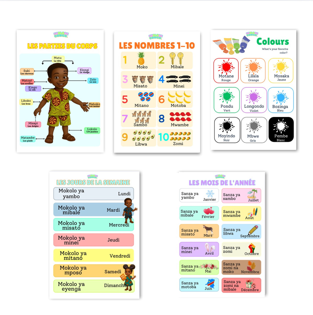 Affiches éducatives pour apprendre le lingala